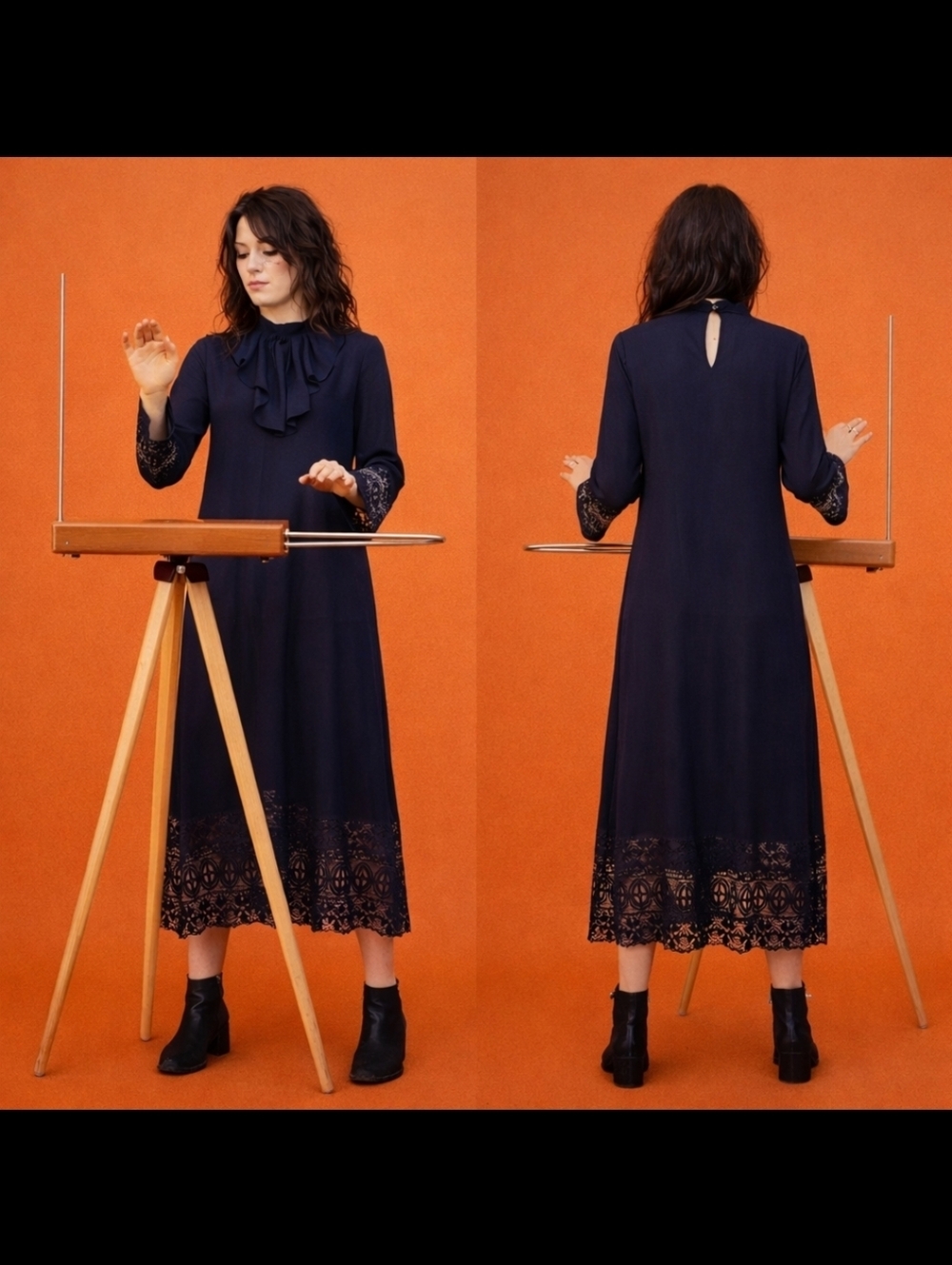 SHEIN Navy Smocked Midi Dress Ruffle Collar Lace Trim XS